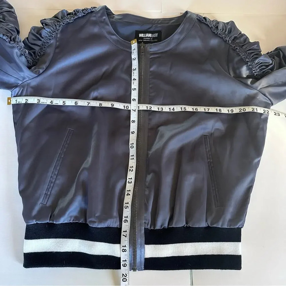 William Rast Dark Blue Bomber Jacket Sleeve Ruffles Satin Sporty Stripe Hem - Picture 8 of 10
